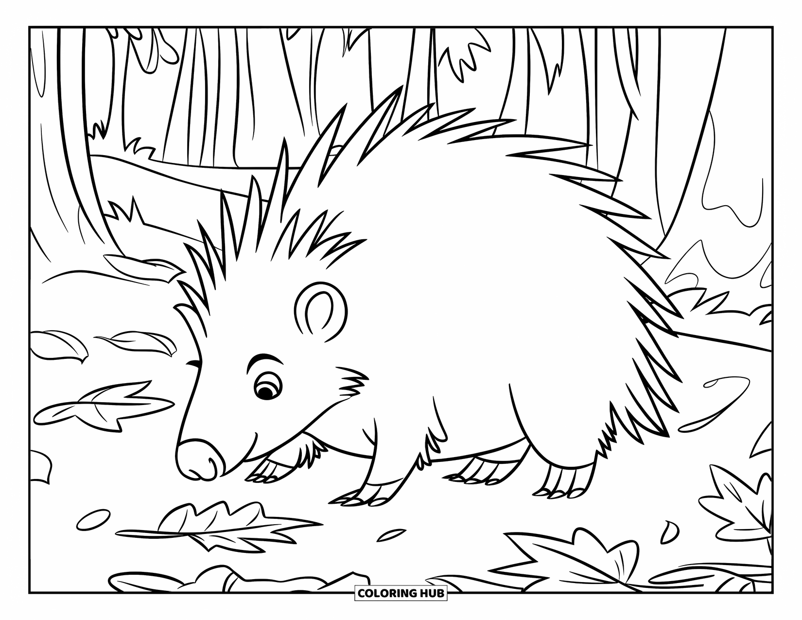 Porcupine Coloring Page for Kids: A porcupine strolls through crunchy autumn leaves on a forest path
