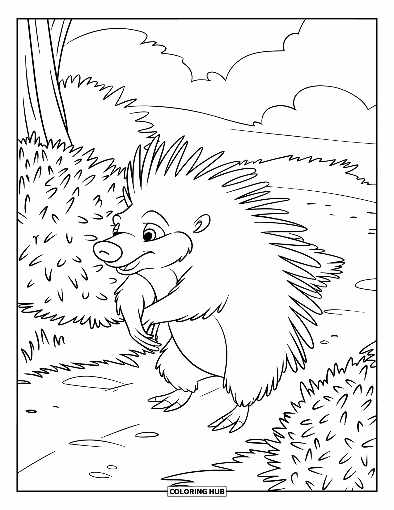 Porcupine Coloring Page for Kids: A porcupine walks a dirt path lined with thorny bushes and trees