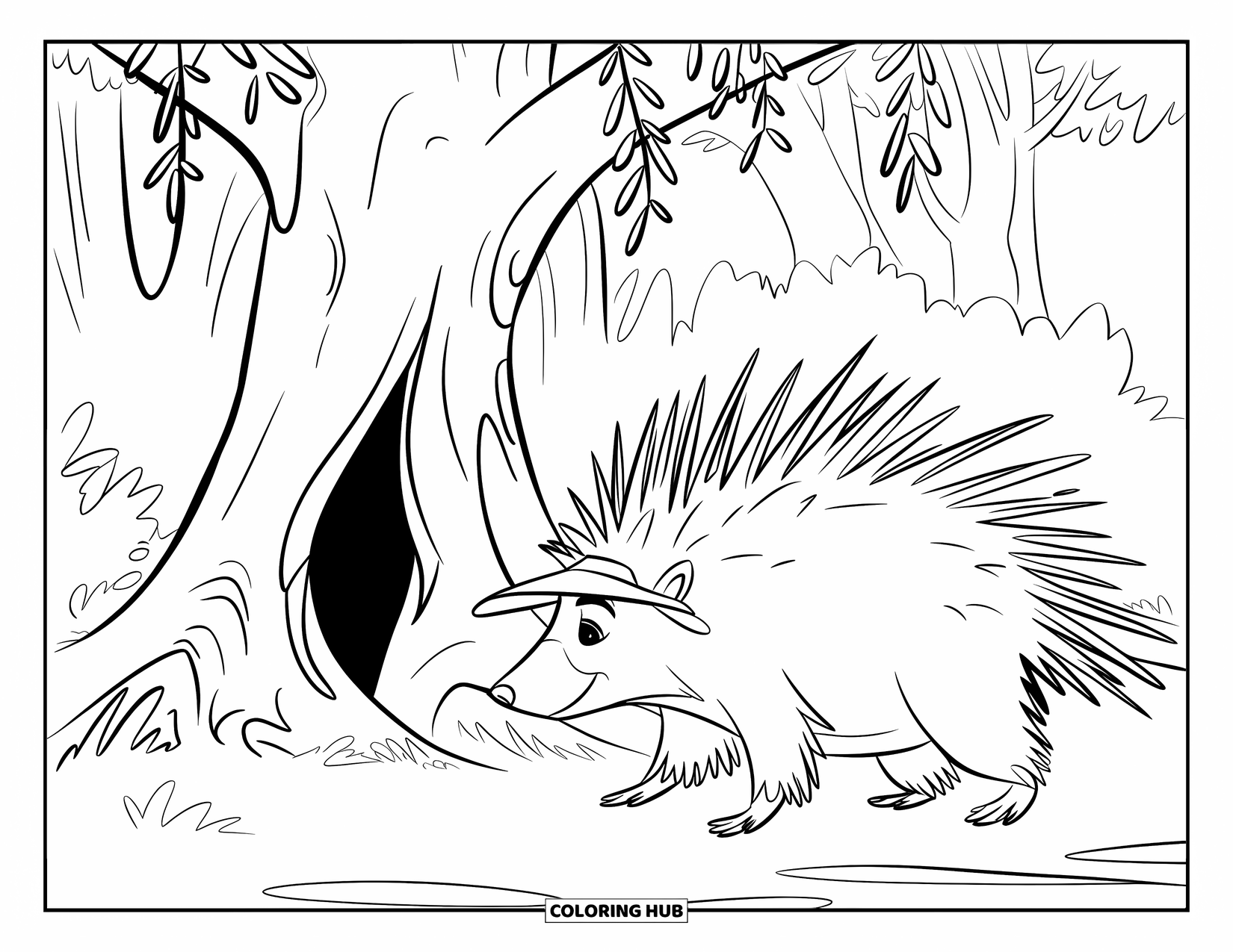 Porcupine Coloring Page for Kids: A porcupine wearing a hat passes a tree with a hollow trunk