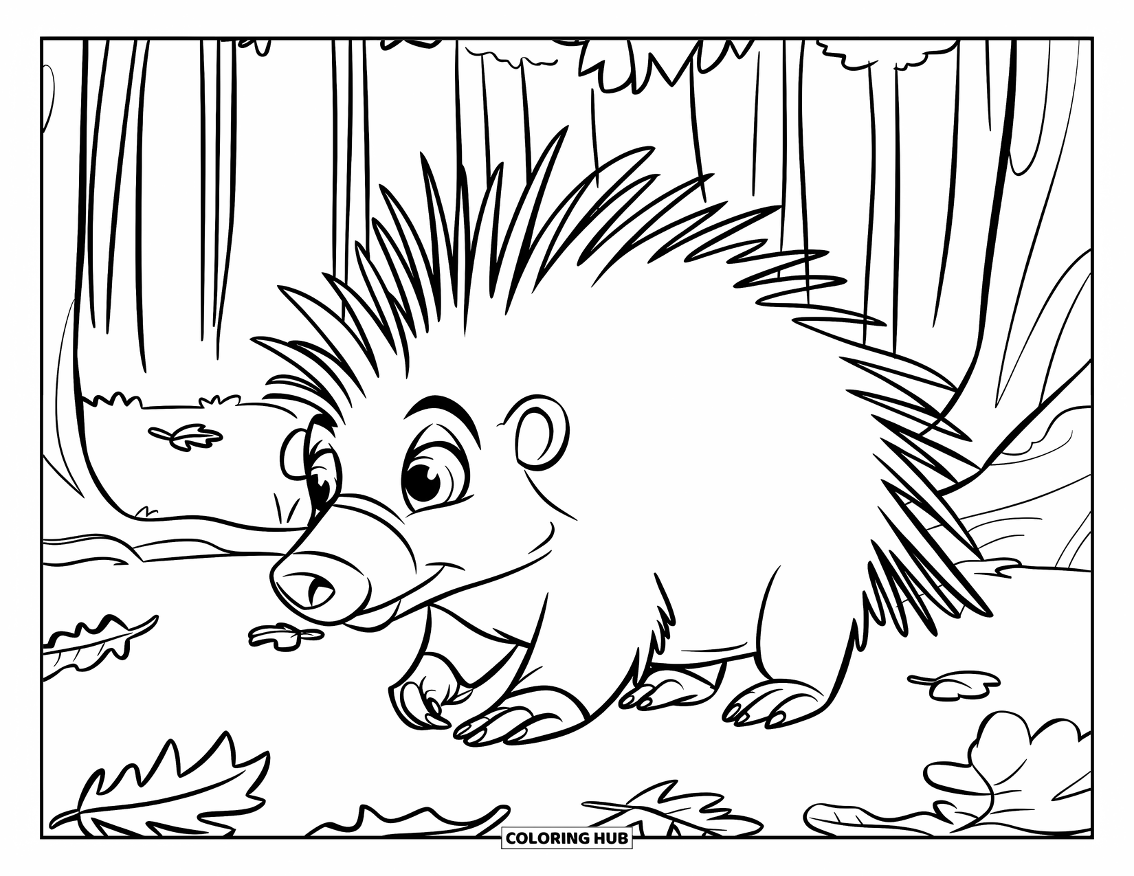 Porcupine Coloring Page for Kids: A porcupine with big eyes walks across fallen autumn leaves