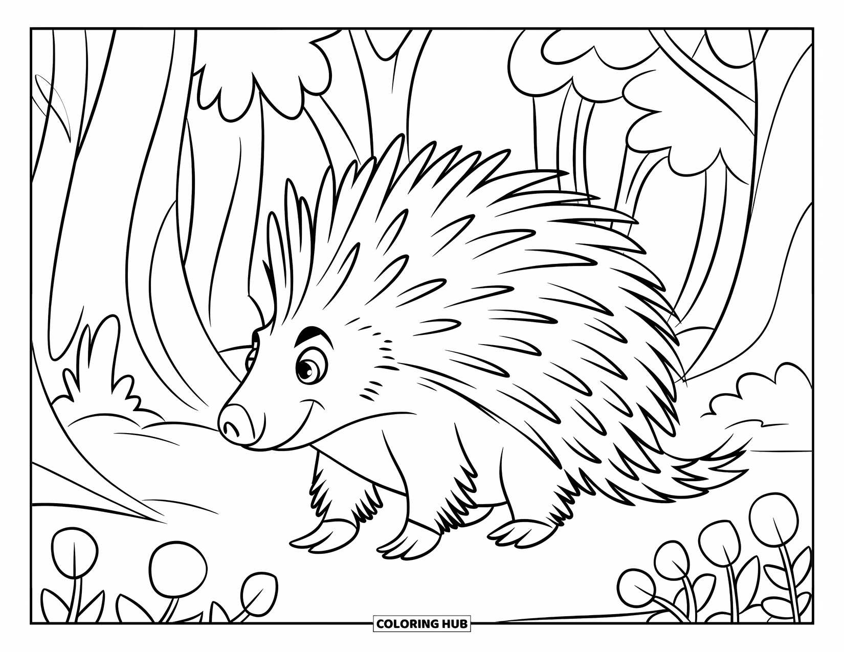 Porcupine Coloring Page for Kids: A porcupine with big round quills walks near leafy plants and curved forest trees