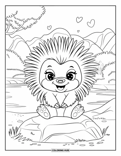 Omalovánka dikobrazů pro děti: Dikobraz s výraznými ostny sedí na kameni u vody, stromů a létajících srdíček