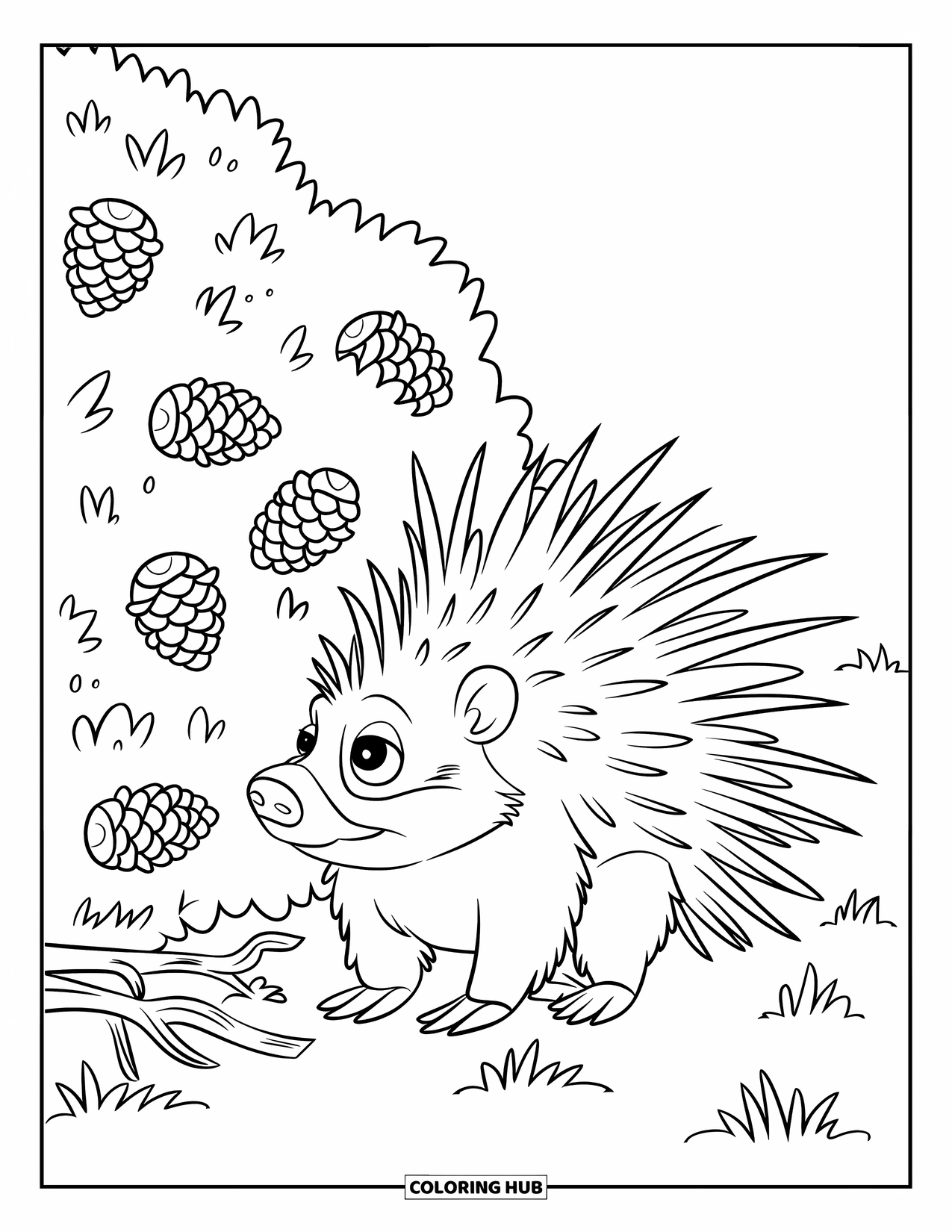 Porcupine Coloring Page for Kids: A porcupine with raised quills sits near a pinecone-filled bush