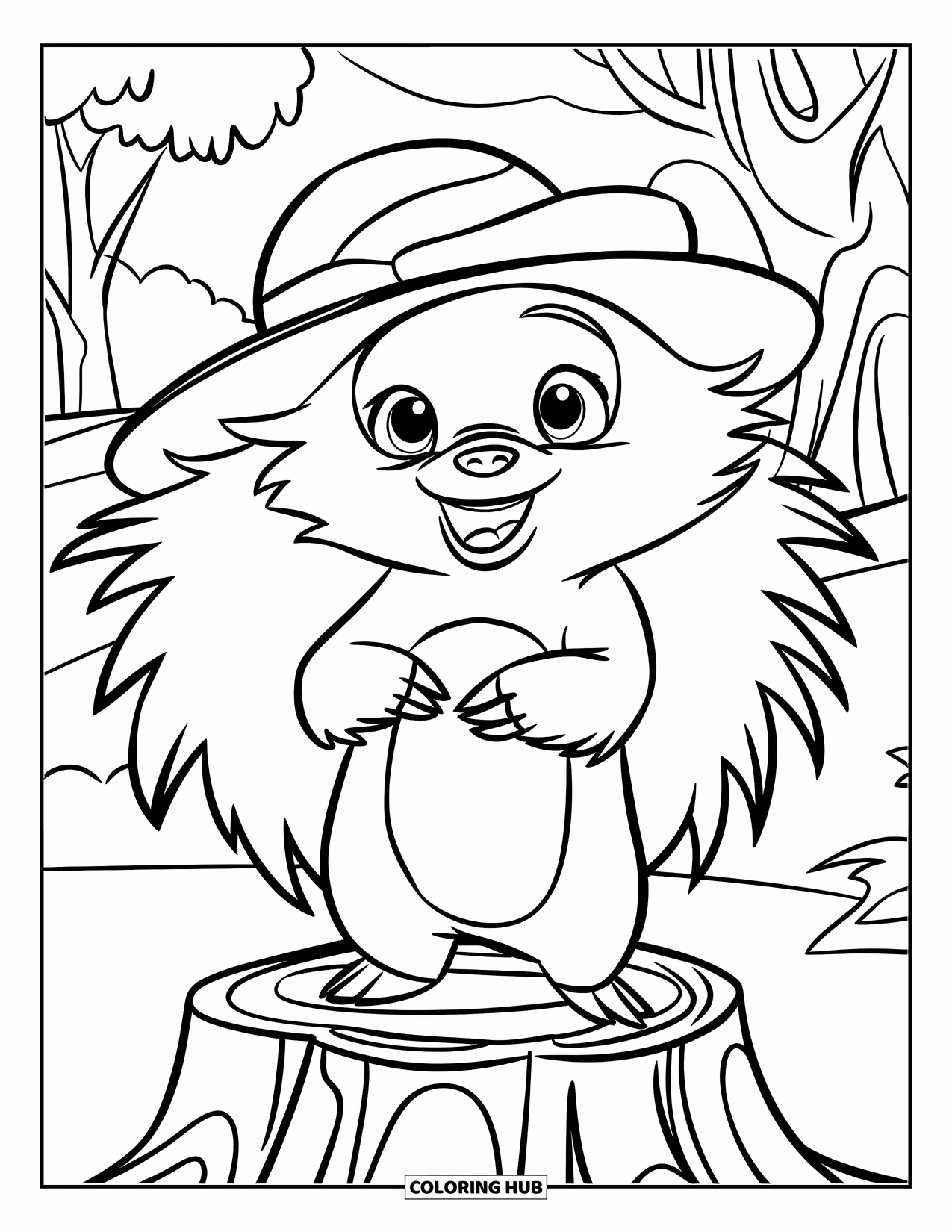 Porcupine Coloring Page for Kids: A smiling porcupine wearing a hat stands proudly on a tree stump in the woods