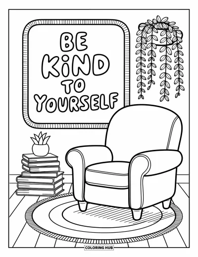 Coloriage sur le dialogue intérieur positif pour adultes : « Be kind to yourself » se détachant au-dessus d'un fauteuil confortable avec des livres et de la verdure à proximité
