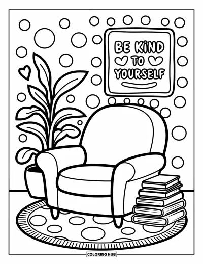 Coloriage sur le dialogue intérieur positif pour adultes : « Be kind to yourself » brillant au-dessus d'un coin lecture confortable avec des livres et une plante