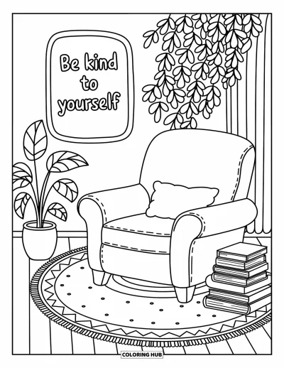 Coloriage sur le dialogue intérieur positif pour adultes : « Be kind to yourself » écrit au-dessus d'un coin lecture douillet avec des livres et une plante