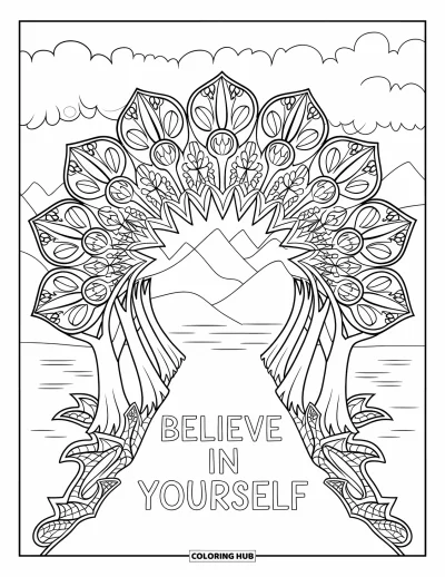 Coloriage sur le dialogue intérieur positif pour adultes : « Believe in Yourself » lumineux sur un chemin menant à une arche forestière mandala avec des arbres