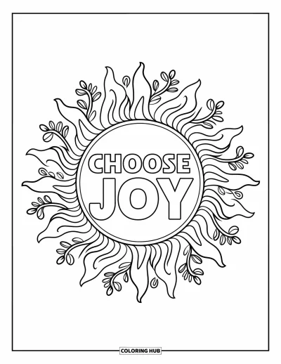 Coloriage sur le dialogue intérieur positif pour adultes : « Choose Joy » rayonnant dans un soleil mandala entouré de lianes et de détails ornementaux