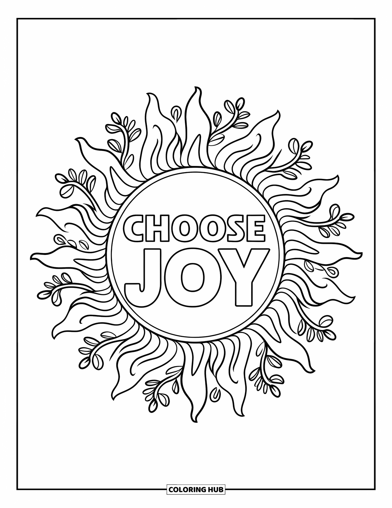 Positive Self Talk Coloring Page for Adults: "Choose Joy" glowing inside a mandala sun surrounded by vines and details