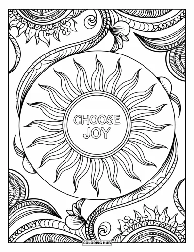 Coloriage sur le dialogue intérieur positif pour adultes : « Choose Joy » placé dans un soleil mandala avec des lianes et des motifs complexes