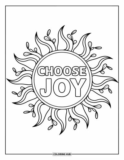 Coloriage sur le dialogue intérieur positif pour adultes : « Choose Joy » inscrit au centre d'un soleil mandala entouré de lianes