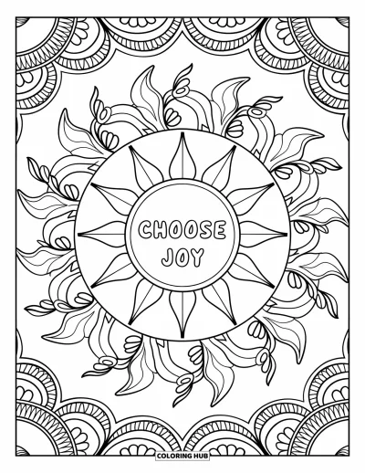 Coloriage sur le dialogue intérieur positif pour adultes : « Choose Joy » tracé au milieu d'un soleil mandala enveloppé de lianes feuillues