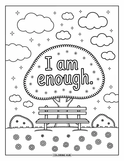 Coloriage sur le dialogue intérieur positif pour adultes : « I am enough » tracé sur la cime d'un arbre ombrageant un banc et des marguerites en dessous