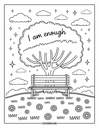 Coloriage sur le dialogue intérieur positif pour adultes : « I am enough » écrit dans les feuilles d'un arbre au-dessus d'un banc et d'un parterre de fleurs