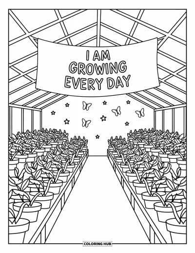 Coloriage sur le dialogue intérieur positif pour adultes : « I am growing every day » affiché dans une serre lumineuse avec des plantes, des papillons et des étoiles