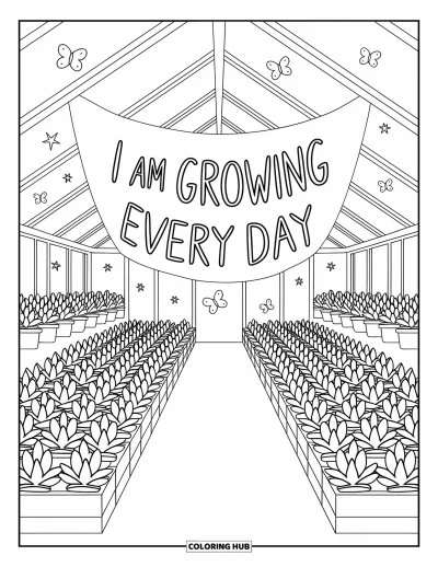 Coloriage sur le dialogue intérieur positif pour adultes : « I am growing every day » inscrit sur une banderole dans une serre chaleureuse remplie de plantes