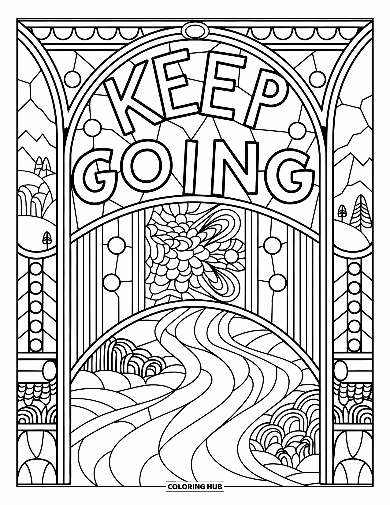 Positive Self Talk Coloring Page for Adults: "Keep Going" written across a stained glass bridge spanning a flowing river