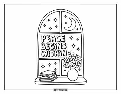 Coloriage sur le dialogue intérieur positif pour adultes : « Peace begins within » encadré dans une fenêtre en arc avec des livres et des fleurs sur le rebord