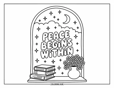 Coloriage sur le dialogue intérieur positif pour adultes : « Peace begins within » écrit dans une fenêtre avec des livres et des fleurs sur le rebord