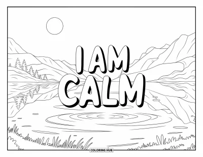 Coloriage sur le dialogue intérieur positif pour enfants : « I Am Calm » écrit au-dessus d'un lac tranquille sous une lune lumineuse