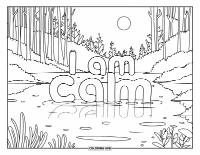 Coloriage sur le dialogue intérieur positif pour enfants : « I Am Calm » tracé sur un lac paisible sous le clair de lune