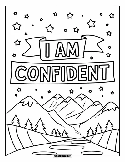 Coloriage sur le dialogue intérieur positif pour enfants : « I Am Confident » tracé sur une banderole flottant dans le ciel étoilé