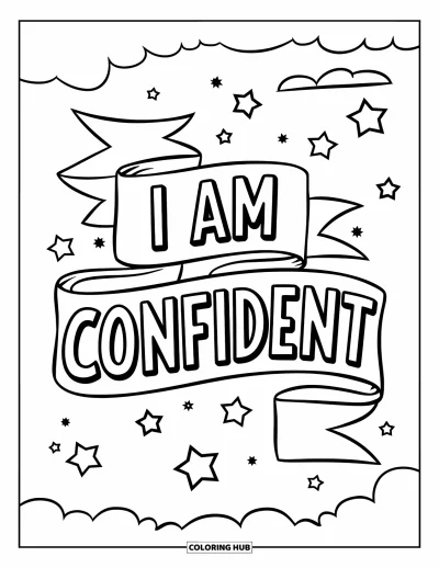 Coloriage sur le dialogue intérieur positif pour enfants : « I Am Confident » tracé sur une banderole céleste entourée d'étoiles
