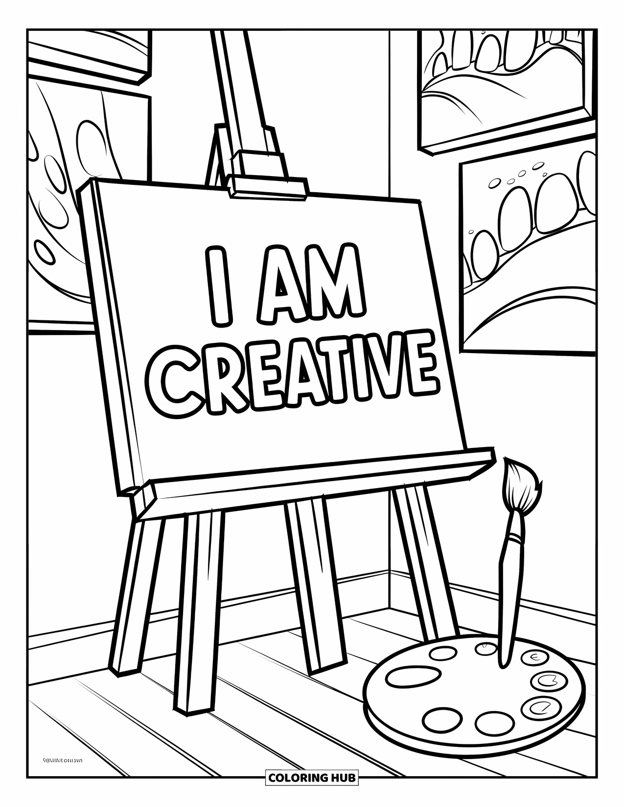 Positive Self Talk Coloring Page for Kids: "I Am Creative" painted on a canvas with brushes and artwork around
