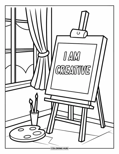 Coloriage sur le dialogue intérieur positif pour enfants : « I Am Creative » peint sur une toile dans un coin artistique chaleureux