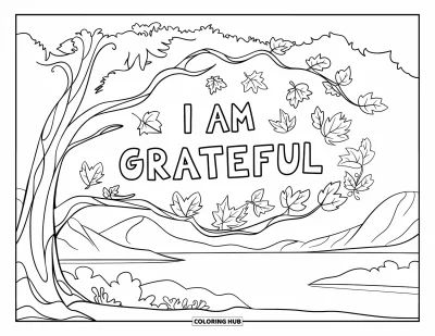Coloriage sur le dialogue intérieur positif pour enfants : « I Am Grateful » inscrit sur des feuilles tombant d'un grand arbre d'automne au bord d'un lac