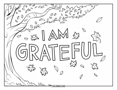 Coloriage sur le dialogue intérieur positif pour enfants : « I Am Grateful » tracé sur des feuilles tombant d'un grand arbre automnal
