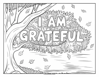 Coloriage sur le dialogue intérieur positif pour enfants : « I Am Grateful » écrit sur des feuilles d'arbre avec un lac reflétant la scène