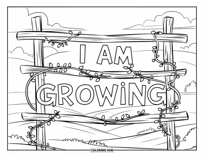 Coloriage sur le dialogue intérieur positif pour enfants : « I Am Growing » tracé sur des lianes rustiques sur un treillis avec des collines en arrière-plan