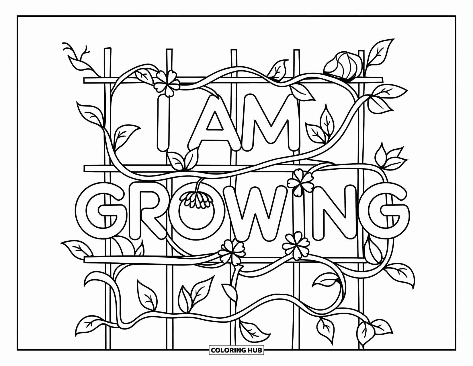 Positive Self Talk Coloring Page for Kids: "I Am Growing" written on leafy vines climbing a trellis