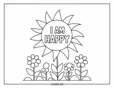 Coloriage sur le dialogue intérieur positif pour enfants : « I Am Happy » inscrit dans un soleil souriant brillant au-dessus de fleurs
