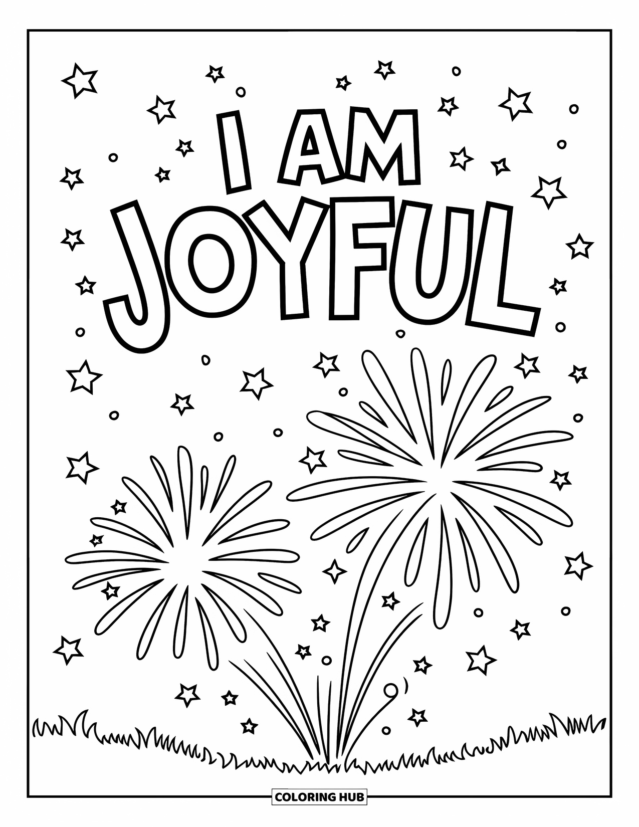 Positive Self Talk Coloring Page for Kids: "I Am Joyful" shining above fireworks with stars and grassy ground below