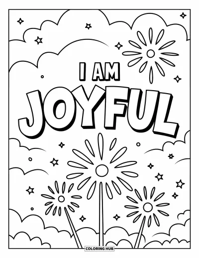 Coloriage sur le dialogue intérieur positif pour enfants : « I Am Joyful » affiché en grand au-dessus de feux d'artifice explosant dans le ciel