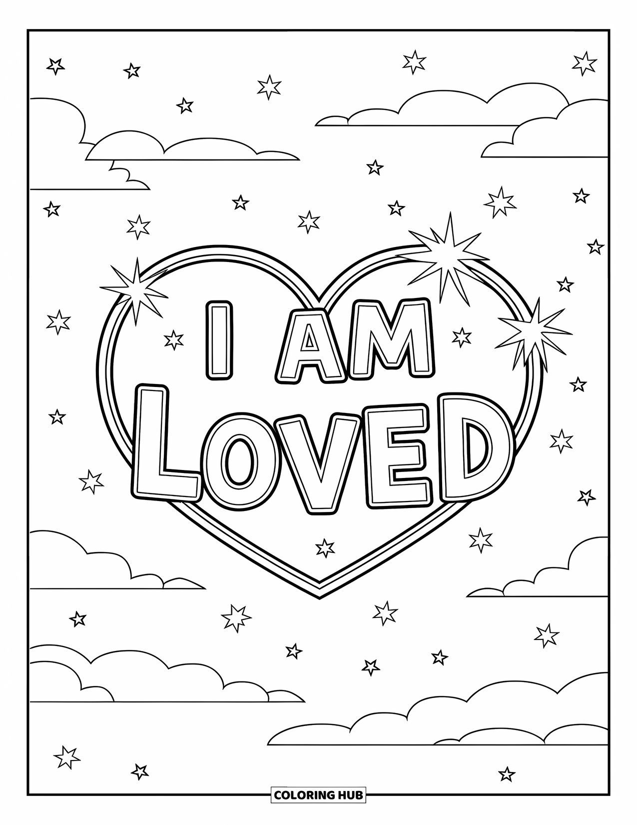 Positive Self Talk Coloring Page for Kids: "I Am Loved" glowing inside a starry heart constellation in the night sky