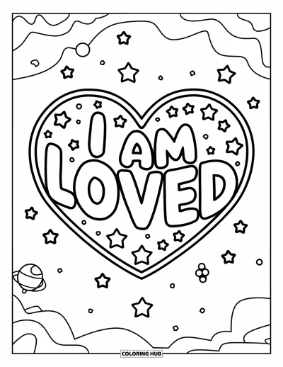 Coloriage sur le dialogue intérieur positif pour enfants : « I Am Loved » lumineux dans une constellation en forme de cœur dans le ciel nocturne