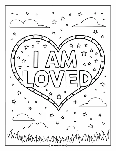 Coloriage sur le dialogue intérieur positif pour enfants : « I Am Loved » tracé dans une constellation lumineuse en forme de cœur au-dessus de prairies verdoyantes