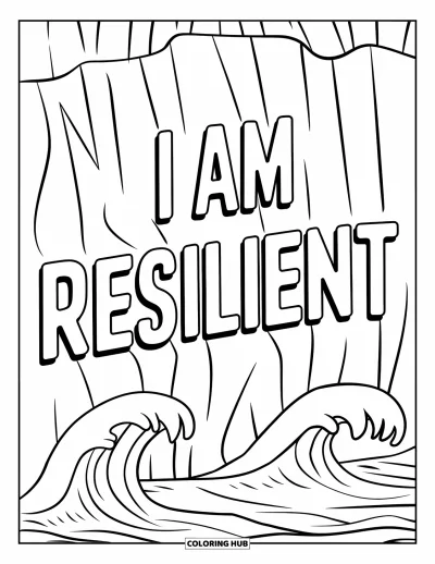Coloriage sur le dialogue intérieur positif pour enfants : « I Am Resilient » gravé dans la paroi d'une falaise au-dessus des vagues de l'océan