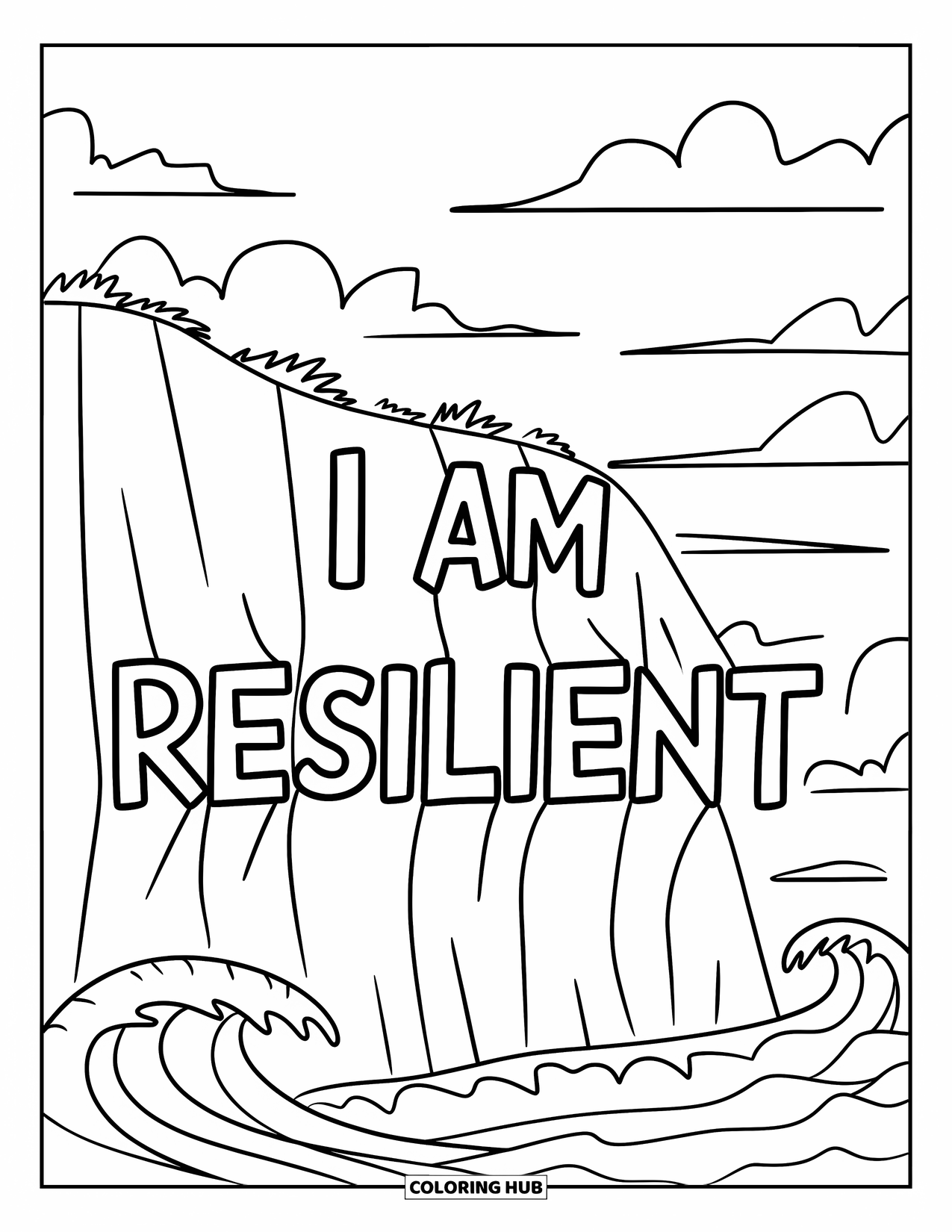 Positive Self Talk Coloring Page for Kids: "I Am Resilient" carved into a cliff with waves crashing below