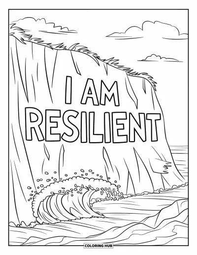 Coloriage sur le dialogue intérieur positif pour enfants : « I Am Resilient » gravé dans une falaise avec des vagues frappant le rivage