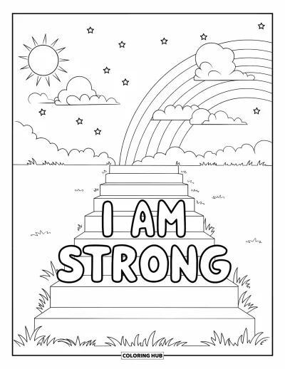 Coloriage sur le dialogue intérieur positif pour enfants : « I Am Strong » tracé sur un escalier avec un arc-en-ciel, le soleil et des nuages