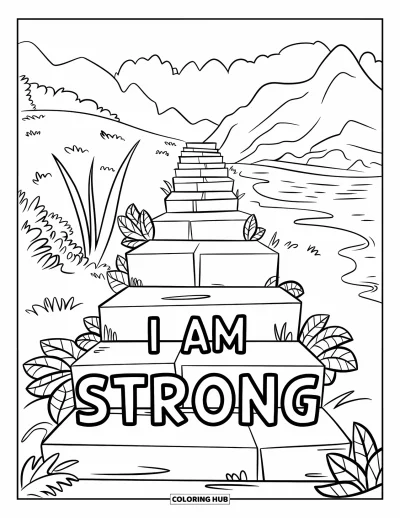 Coloriage sur le dialogue intérieur positif pour enfants : « I Am Strong » écrit sur les marches d'un escalier en pierre dans les montagnes