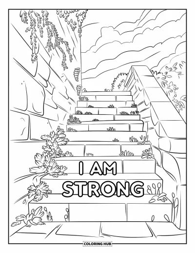 Coloriage sur le dialogue intérieur positif pour enfants : « I Am Strong » inscrit sur des marches en pierre entourées de plantes et d'un écureuil