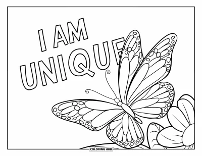 Coloriage sur le dialogue intérieur positif pour enfants : « I Am Unique » tracé au-dessus d'un papillon volant au-dessus d'une fleur