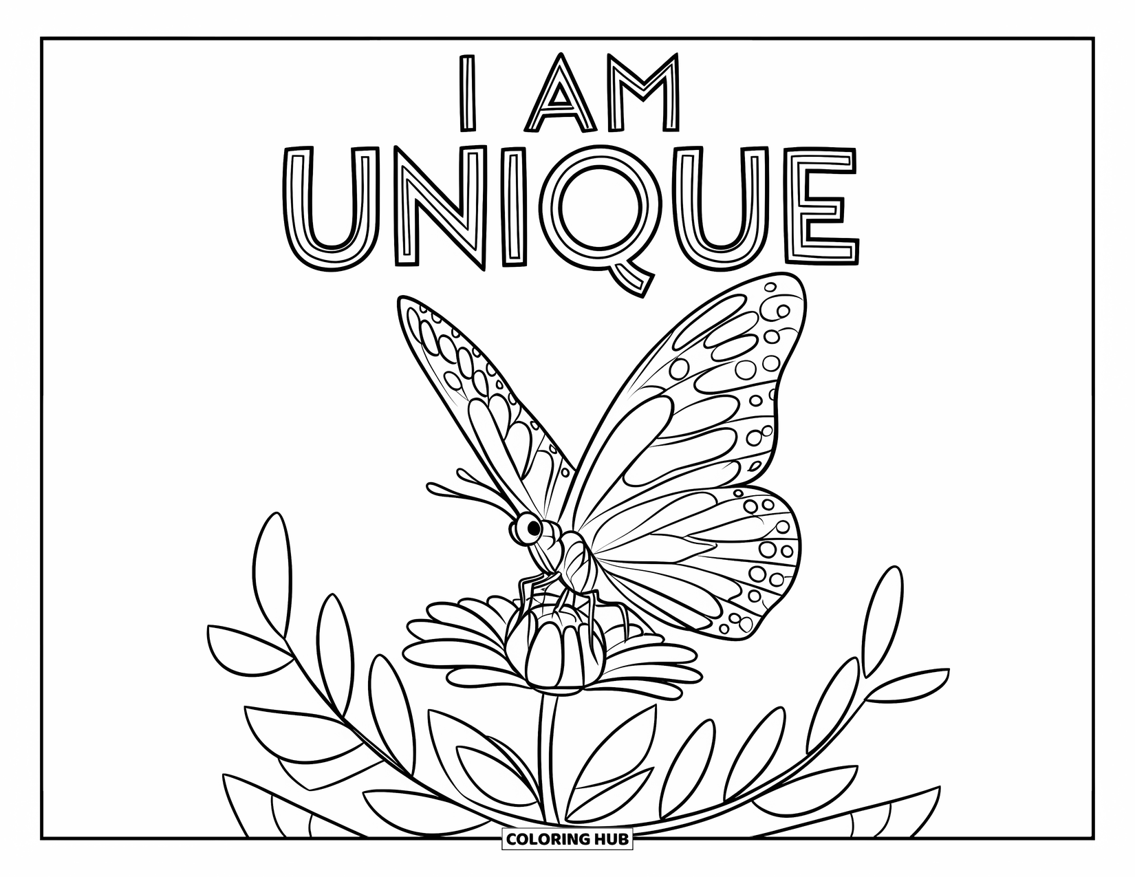 Positive Self Talk Coloring Page for Kids: "I Am Unique" written above a patterned butterfly landing on a flower