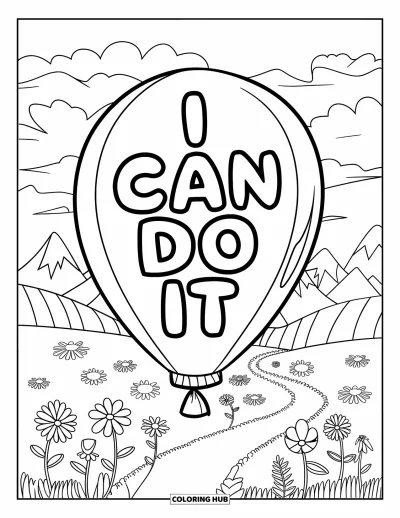Coloriage sur le dialogue intérieur positif pour enfants : « I Can Do It » inscrit dans un ballon flottant au-dessus de fleurs et de panoramas montagneux